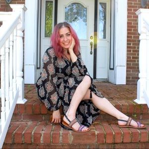 Navy Blue Boho Maxi Dress With Sheer Sleeves